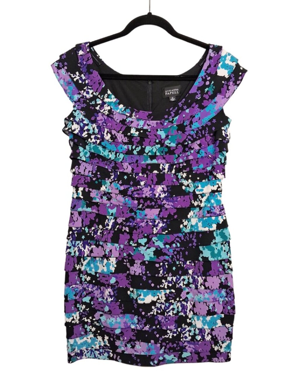 ADRIANNA PAPELL Purple Floral Ruffle Dress Print Sheath Cocktail Stretchy 10